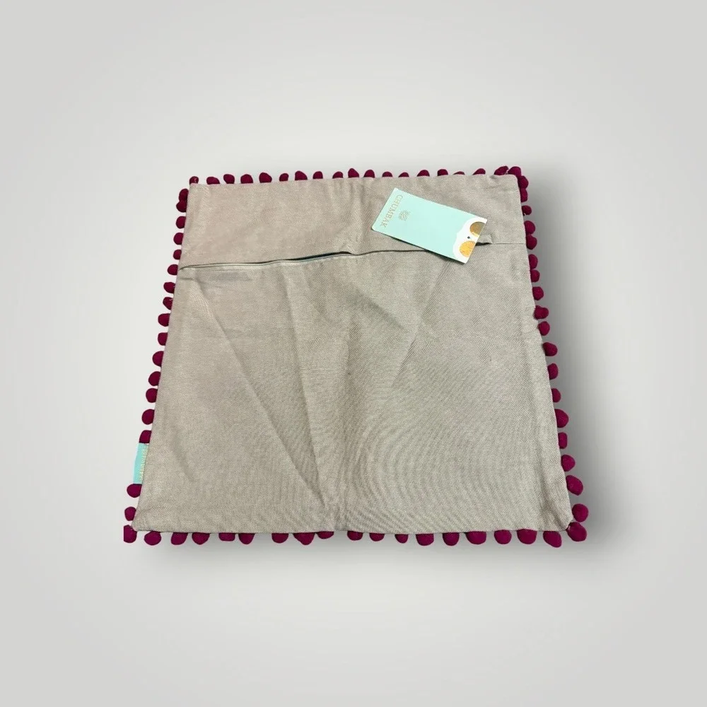 Chumbak Cushion Covers (2) 16x16 Forest Focus Pom Pom Trim Suzani Boho Indian